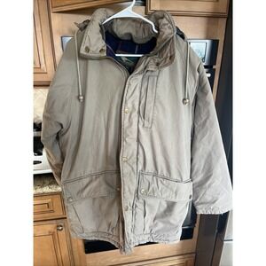 VTG Field & Stream Hooded Jacket Men's M Beige Quilt Blanket‎ Plaid Lined Coat